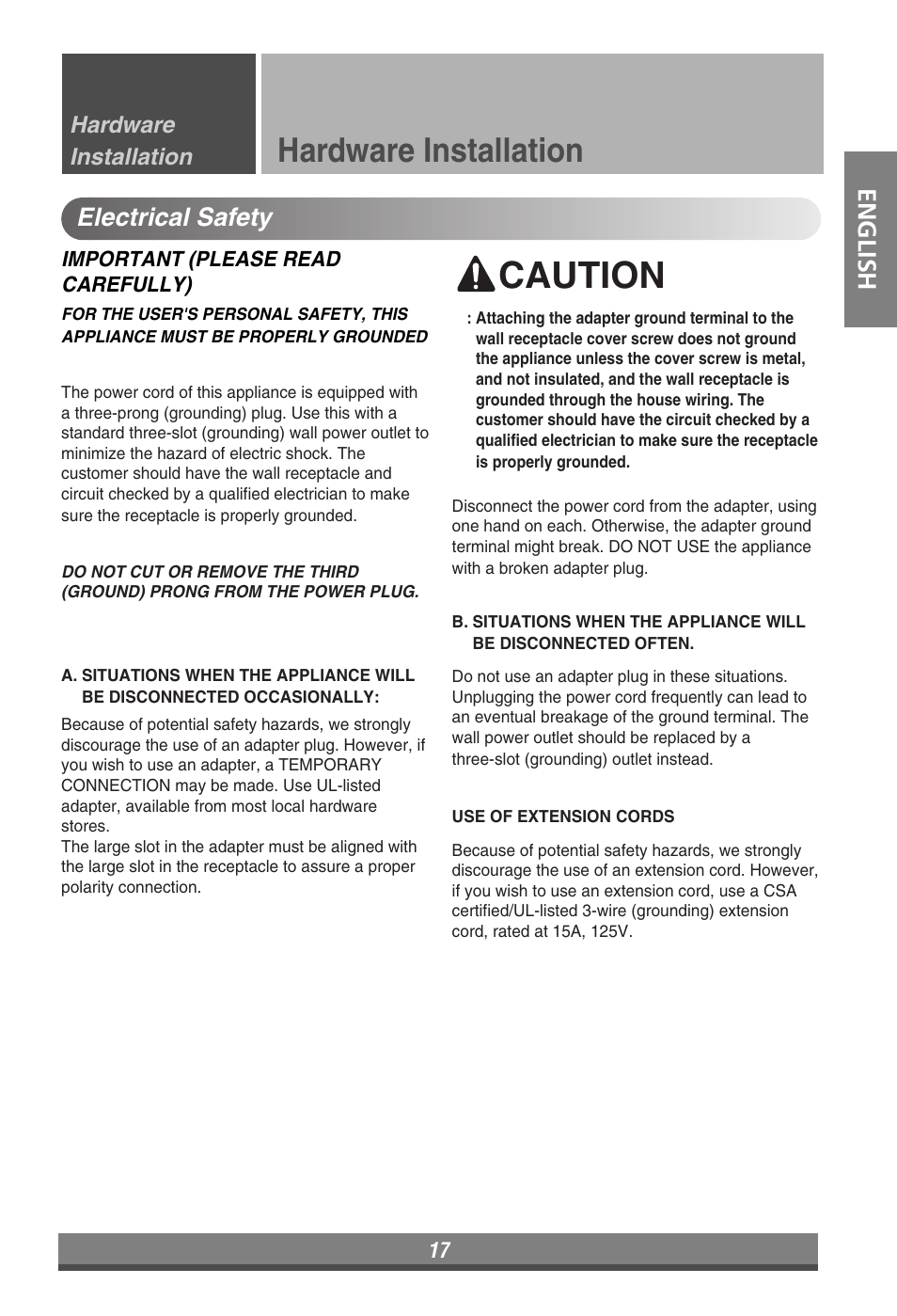 Caution, Hardware installation, English electrical safety | LG LP090HEM User Manual | Page 17 / 20