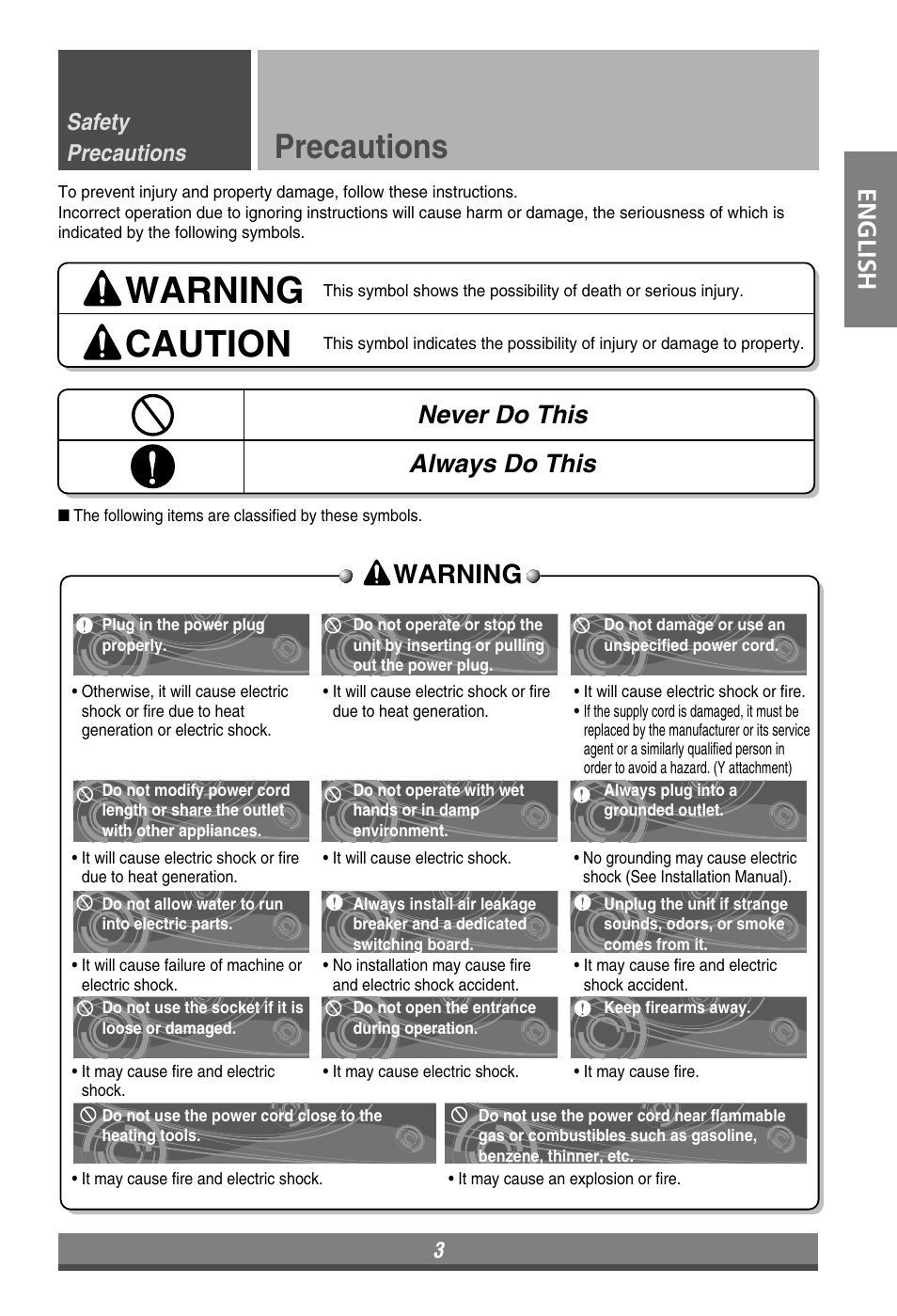 Warning, Caution, Precautions | Never do this always do this, English, Safety precautions | LG LP090HEM User Manual | Page 3 / 20