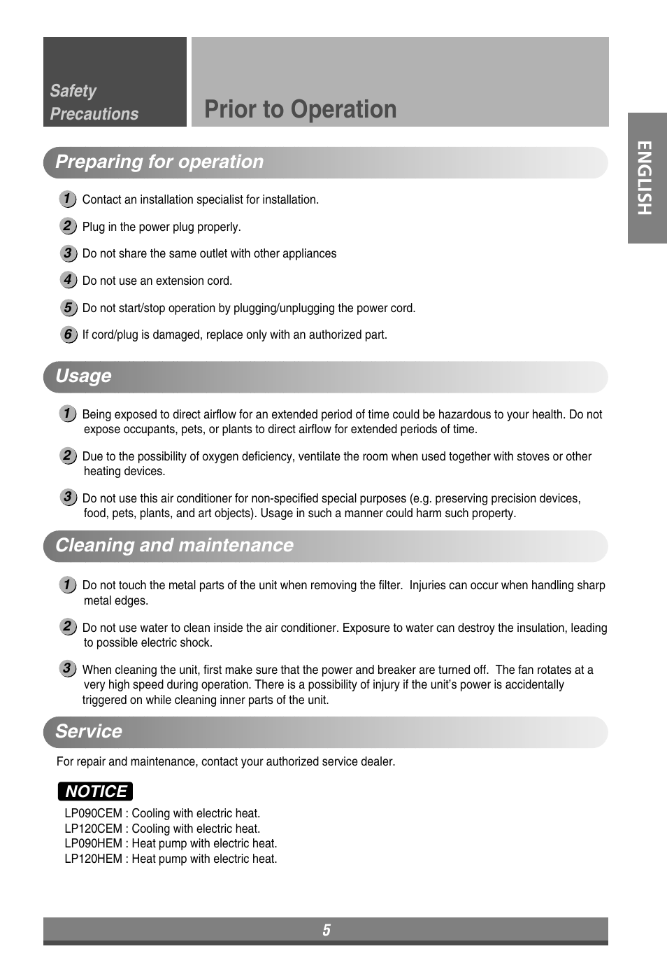 Prior to operation, English preparing for operation, Usage | Cleaning and maintenance, Service, Safety precautions, Notice | LG LP090HEM User Manual | Page 5 / 20