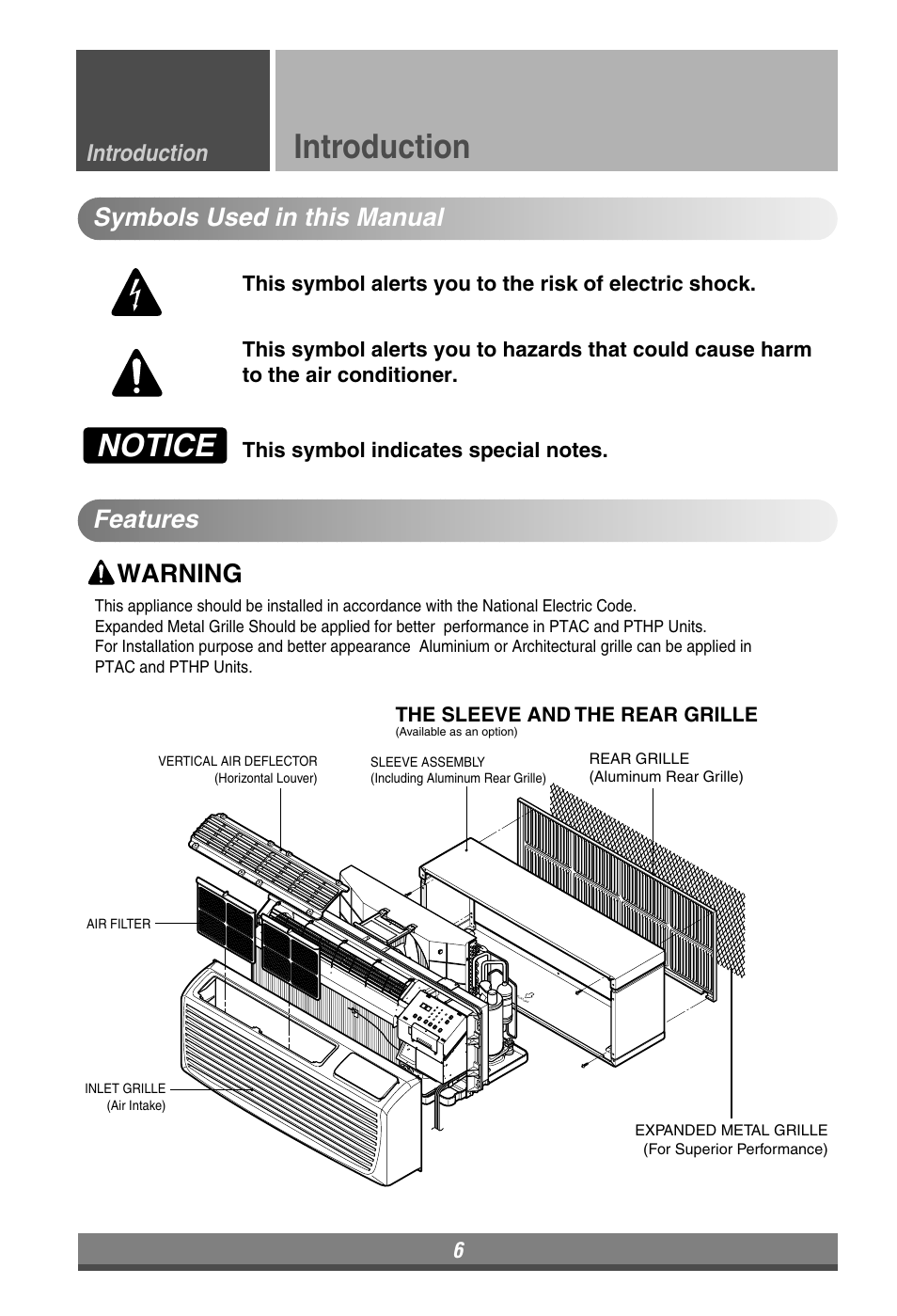 Introduction, Notice, Warning | Symbols used in this manual features | LG LP090HEM User Manual | Page 6 / 20