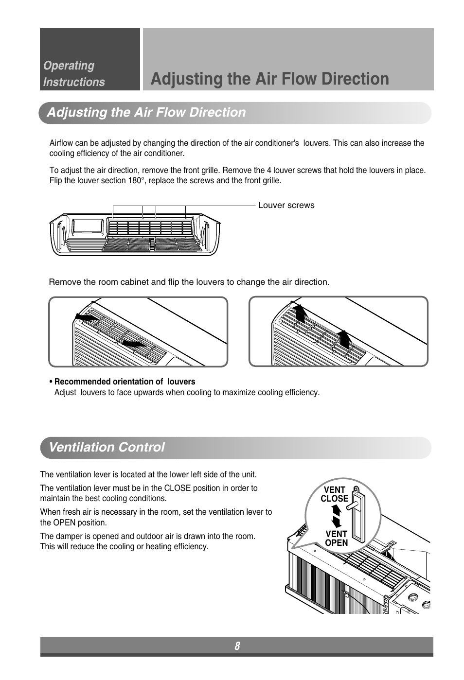 Adjusting the air flow direction, Ventilation control, Operating instructions | LG LP090HEM User Manual | Page 8 / 20
