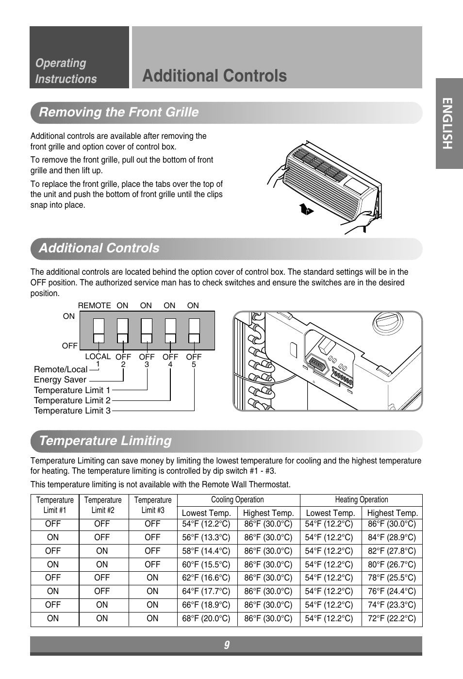 Additional controls, English, Remote control operations temperature limiting | Removing the front grille additional controls, Operating instructions | LG LP090HEM User Manual | Page 9 / 20