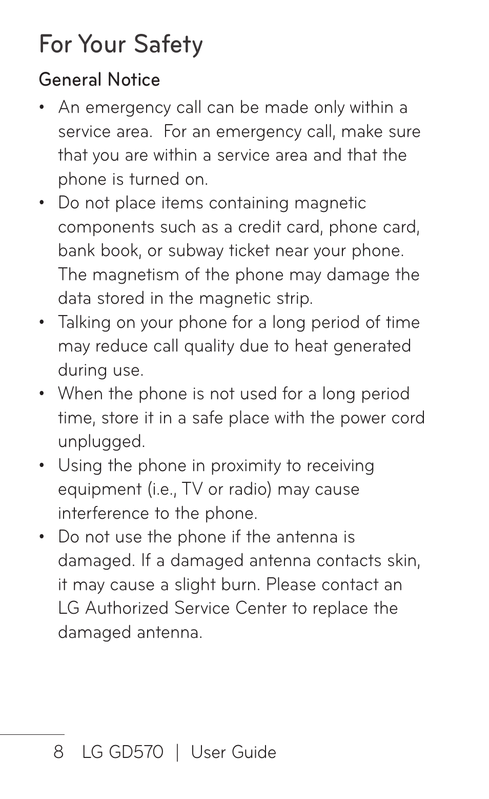 For your safety | LG GD570 User Manual | Page 10 / 174