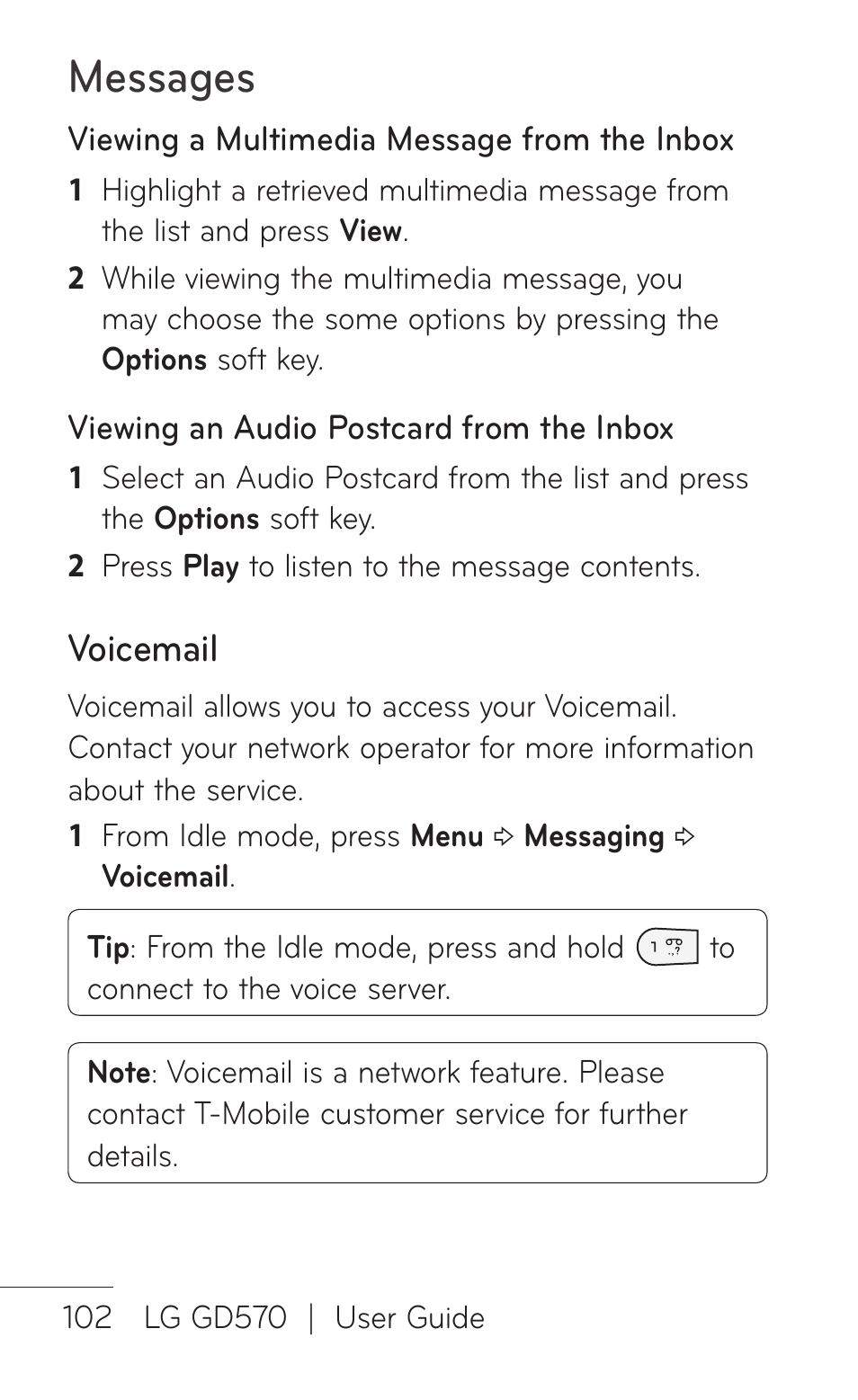 Messages, Voicemail | LG GD570 User Manual | Page 104 / 174