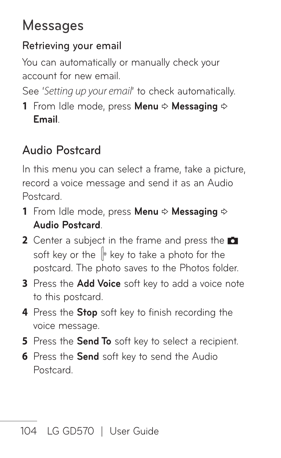 Messages, Audio postcard | LG GD570 User Manual | Page 106 / 174