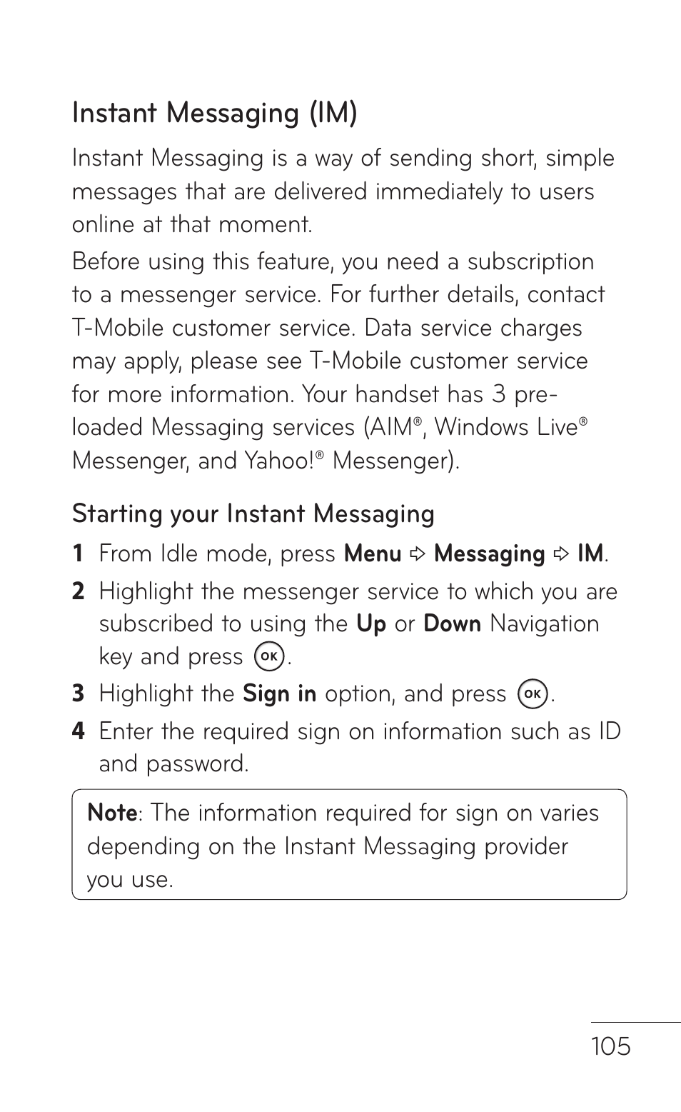 Instant messaging (im) | LG GD570 User Manual | Page 107 / 174