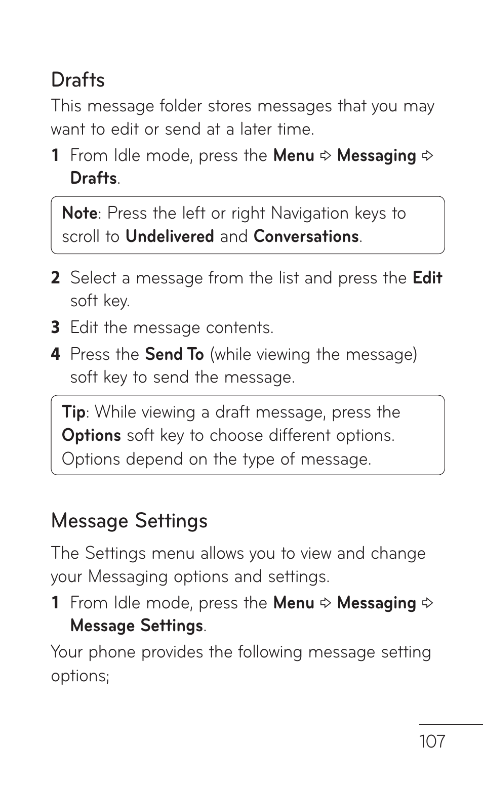 Drafts, Message settings | LG GD570 User Manual | Page 109 / 174