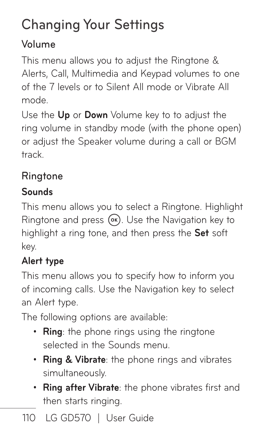 Changing your settings | LG GD570 User Manual | Page 112 / 174