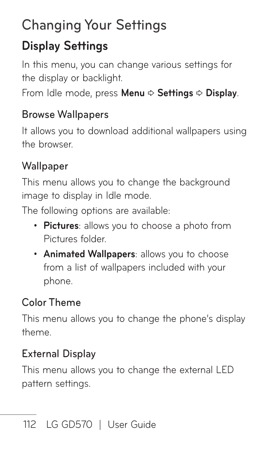 Changing your settings, Display settings | LG GD570 User Manual | Page 114 / 174