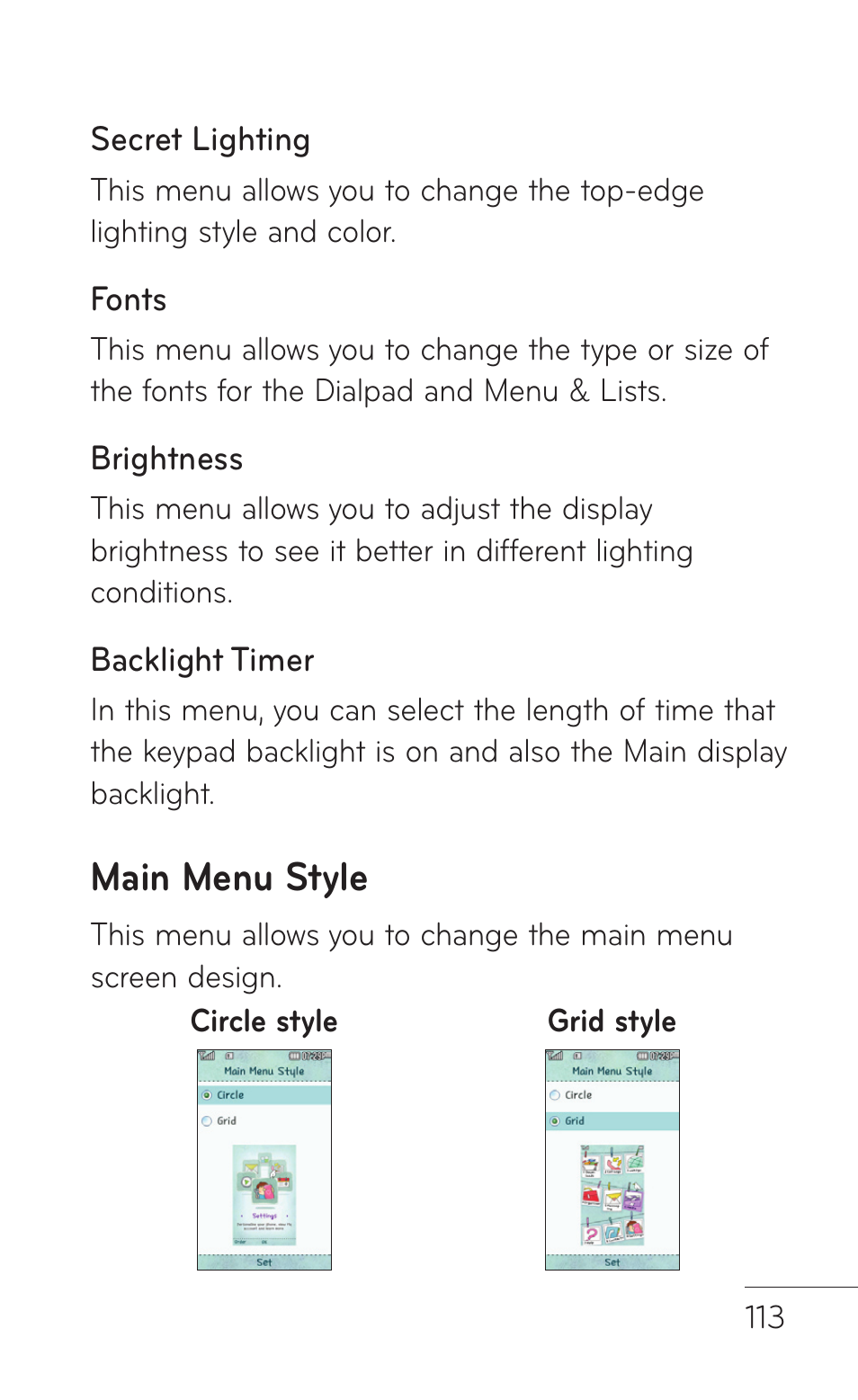 Main menu style | LG GD570 User Manual | Page 115 / 174