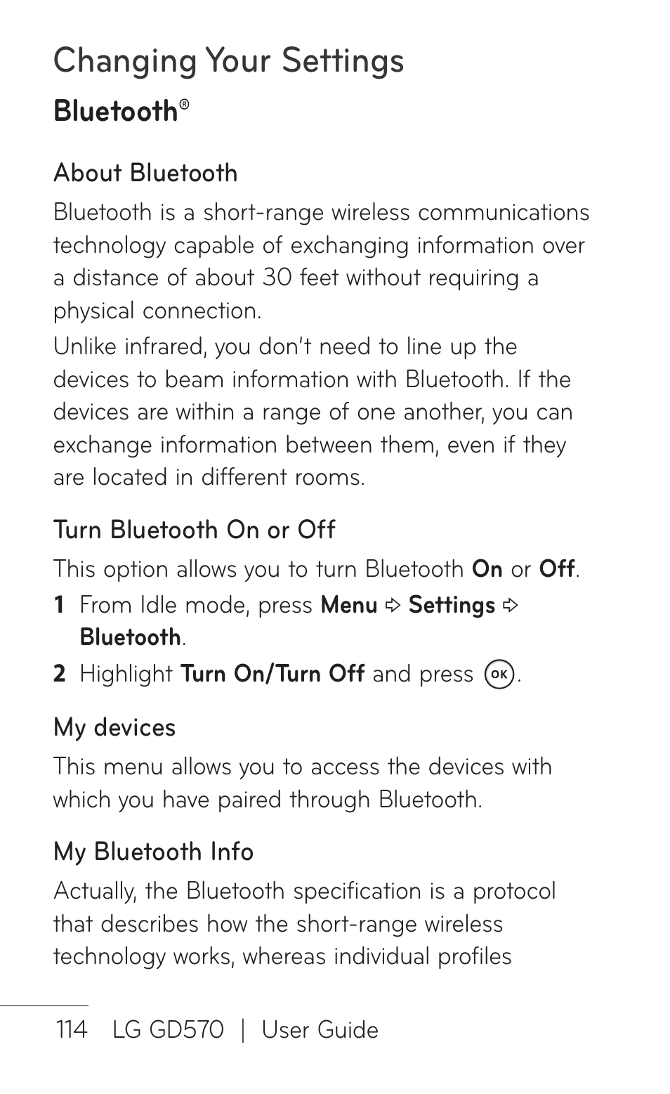 Changing your settings, Bluetooth | LG GD570 User Manual | Page 116 / 174