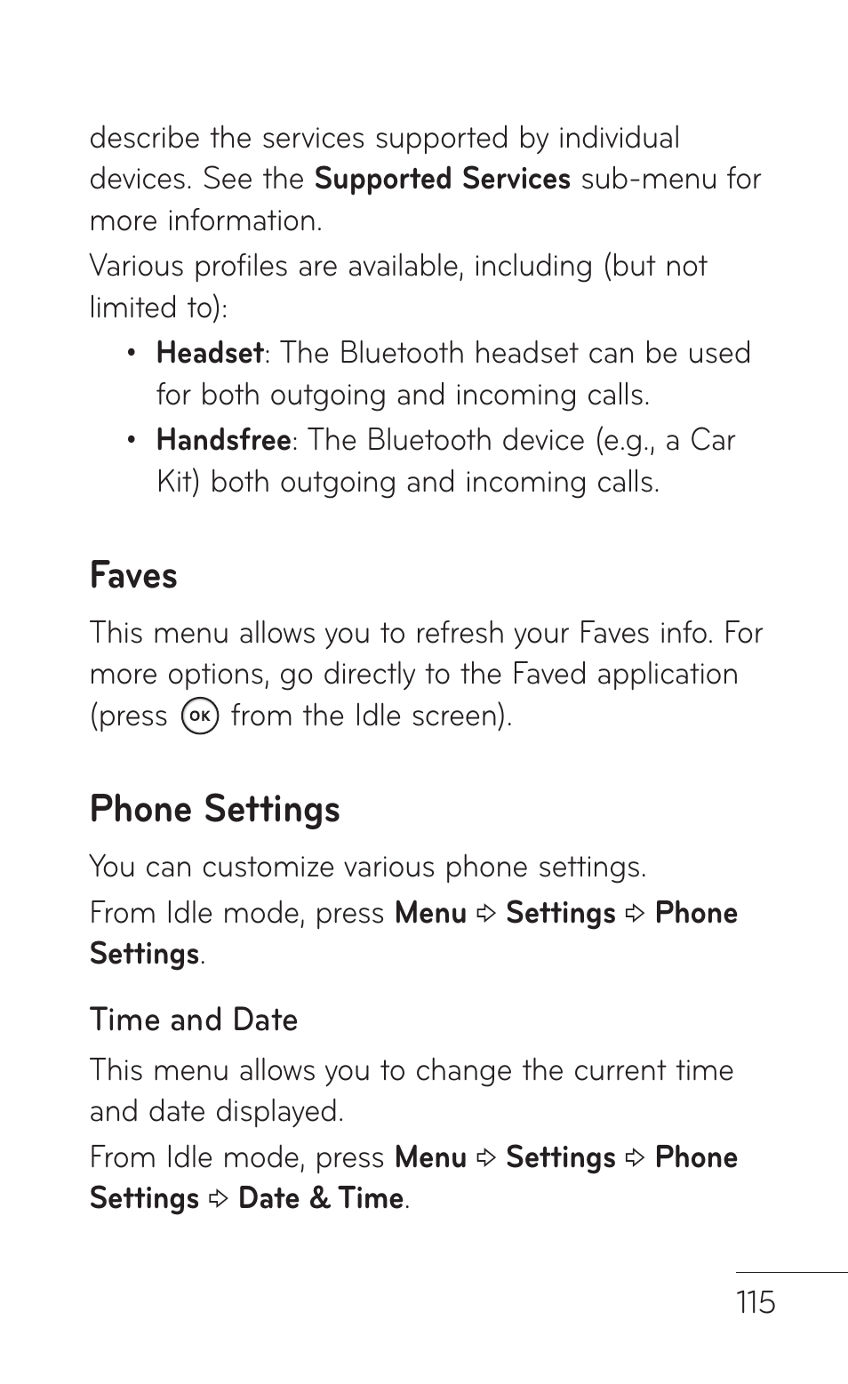 Faves, Phone settings | LG GD570 User Manual | Page 117 / 174