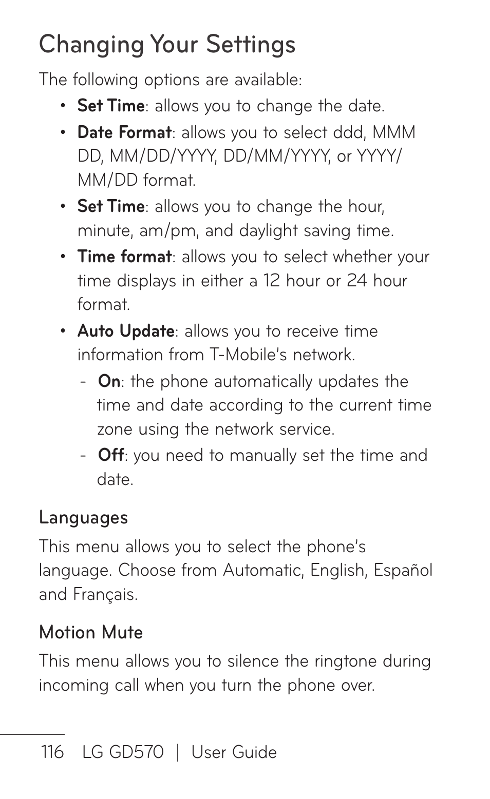 Changing your settings | LG GD570 User Manual | Page 118 / 174