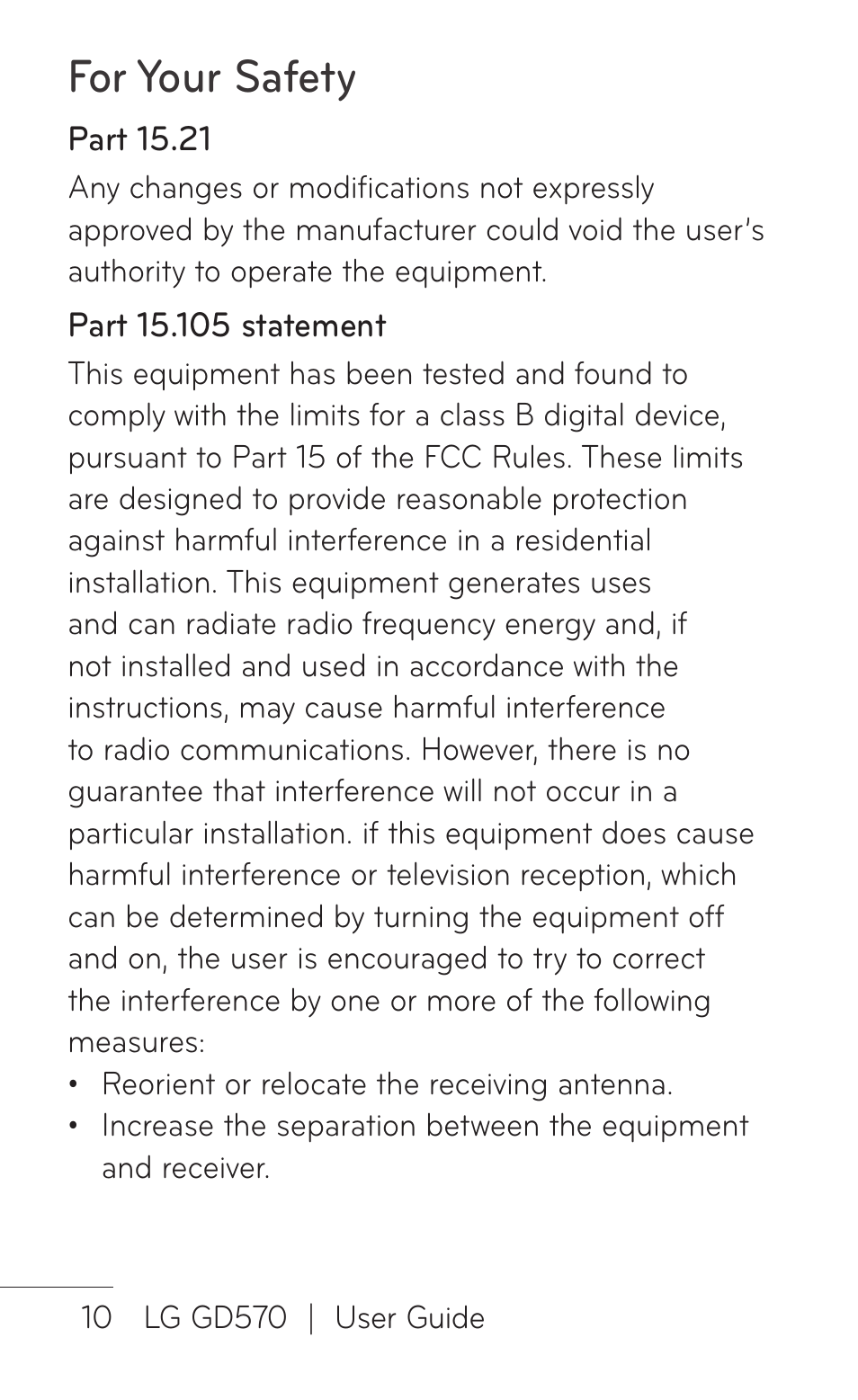 For your safety | LG GD570 User Manual | Page 12 / 174