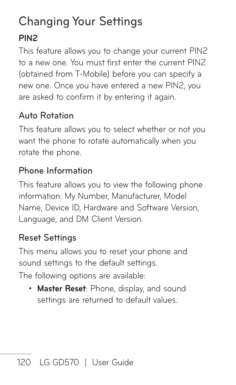 Changing your settings | LG GD570 User Manual | Page 122 / 174