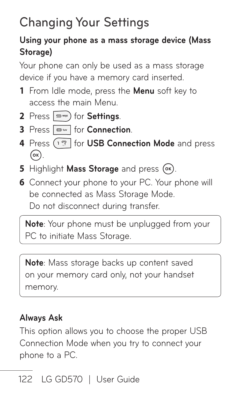 Changing your settings | LG GD570 User Manual | Page 124 / 174