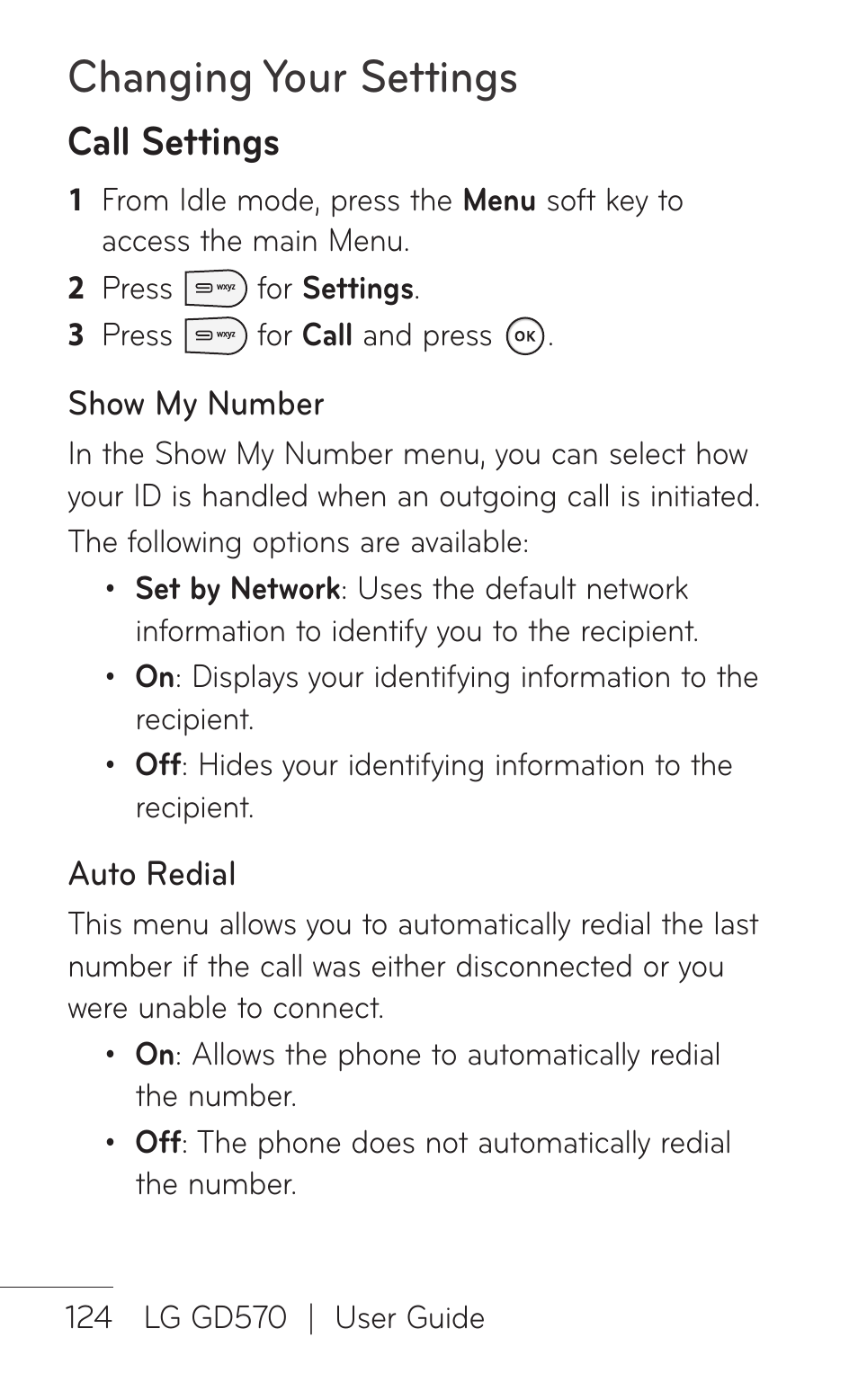 Changing your settings, Call settings | LG GD570 User Manual | Page 126 / 174