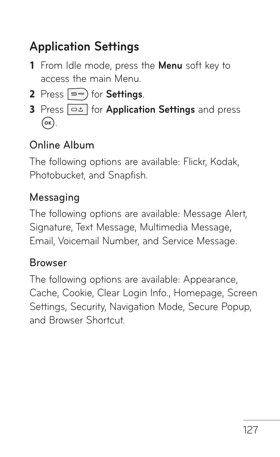 Application settings | LG GD570 User Manual | Page 129 / 174