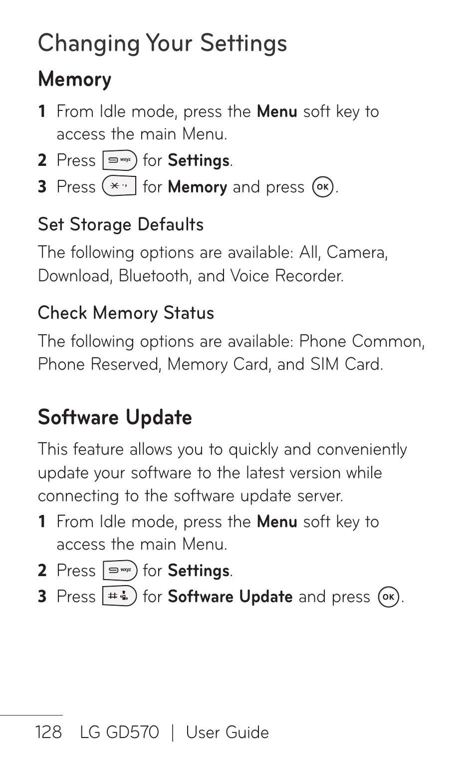 Changing your settings, Software update | LG GD570 User Manual | Page 130 / 174