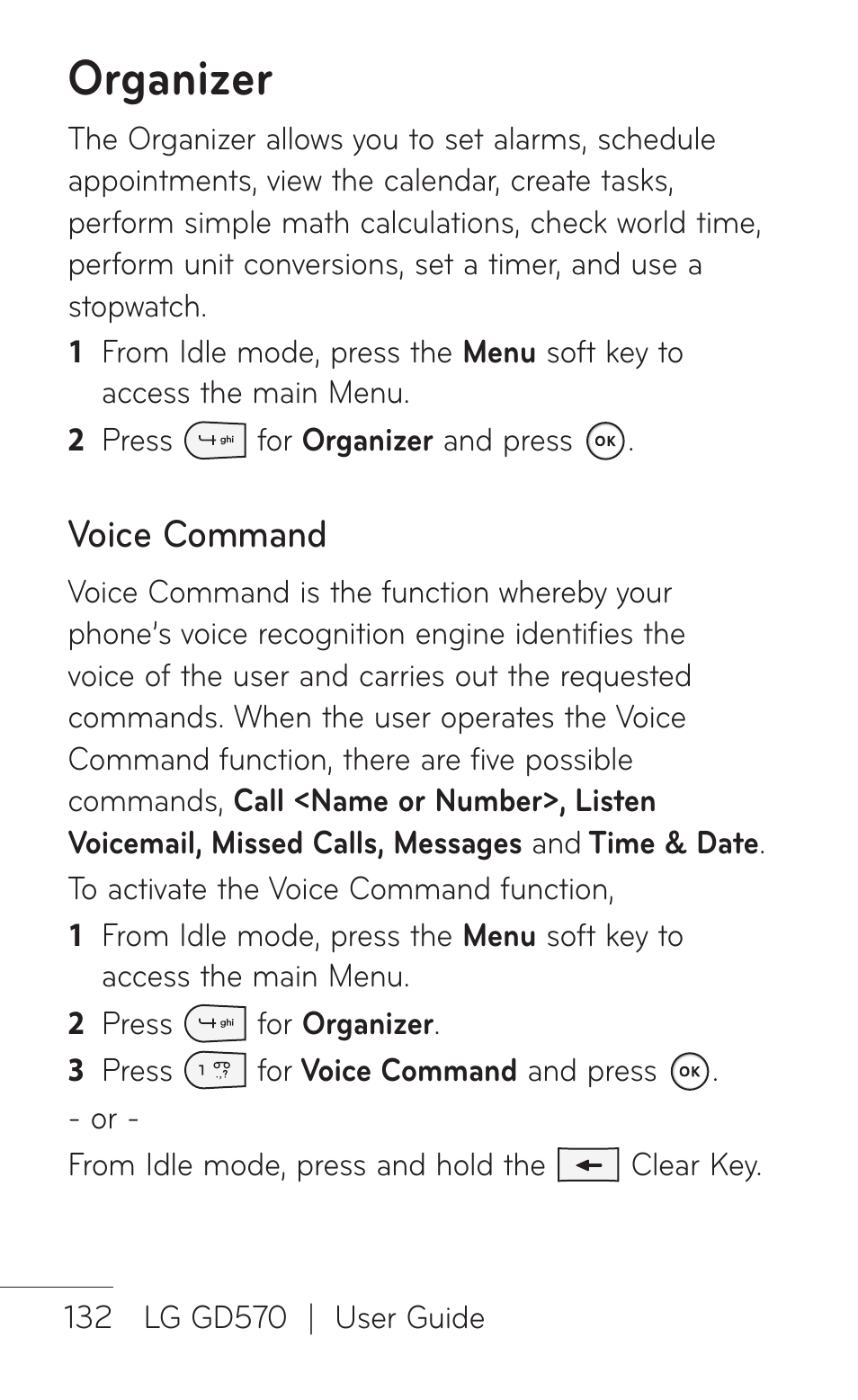 Organizer, Voice command | LG GD570 User Manual | Page 134 / 174