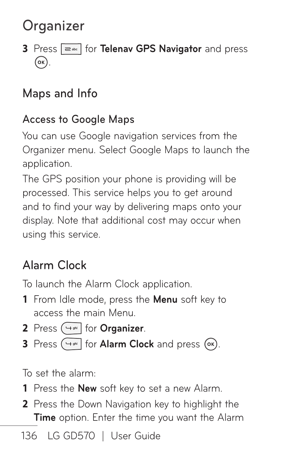 Organizer, Maps and info, Alarm clock | LG GD570 User Manual | Page 138 / 174