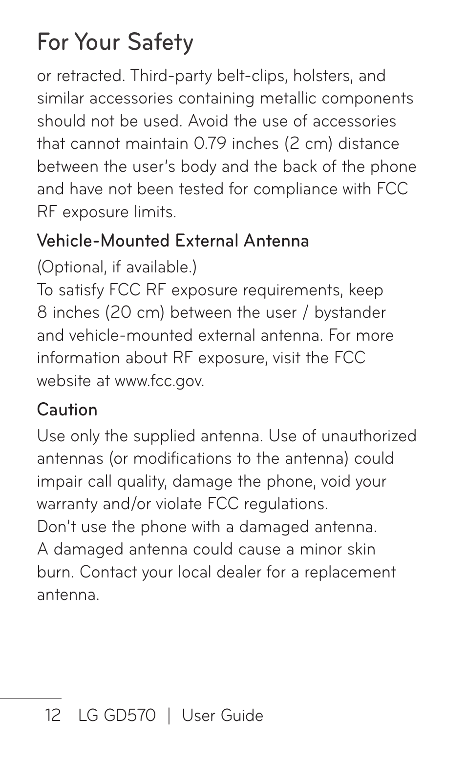 For your safety | LG GD570 User Manual | Page 14 / 174