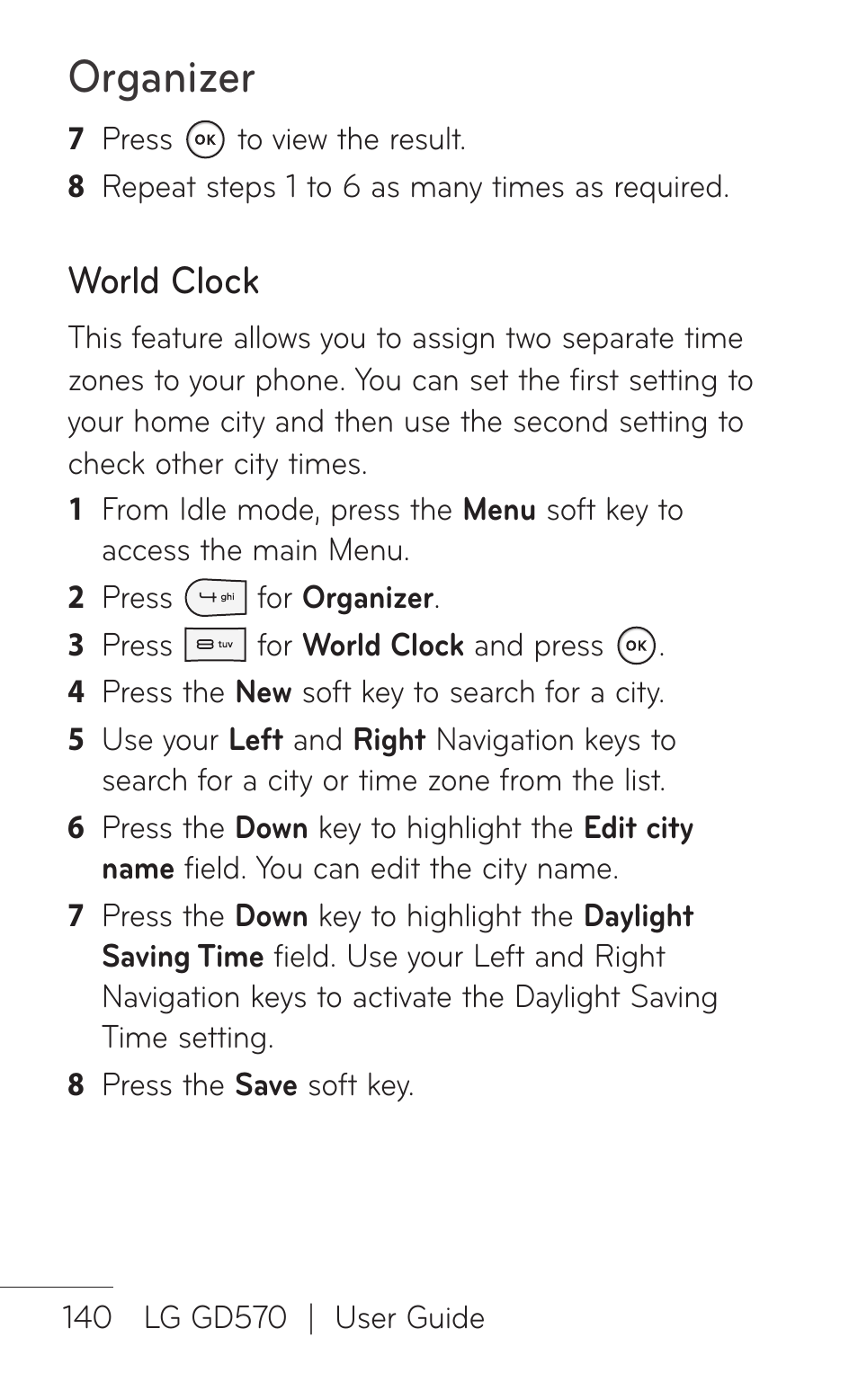 Organizer, World clock | LG GD570 User Manual | Page 142 / 174