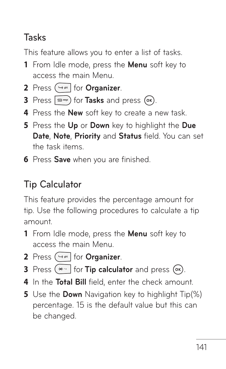 Tasks, Tip calculator | LG GD570 User Manual | Page 143 / 174