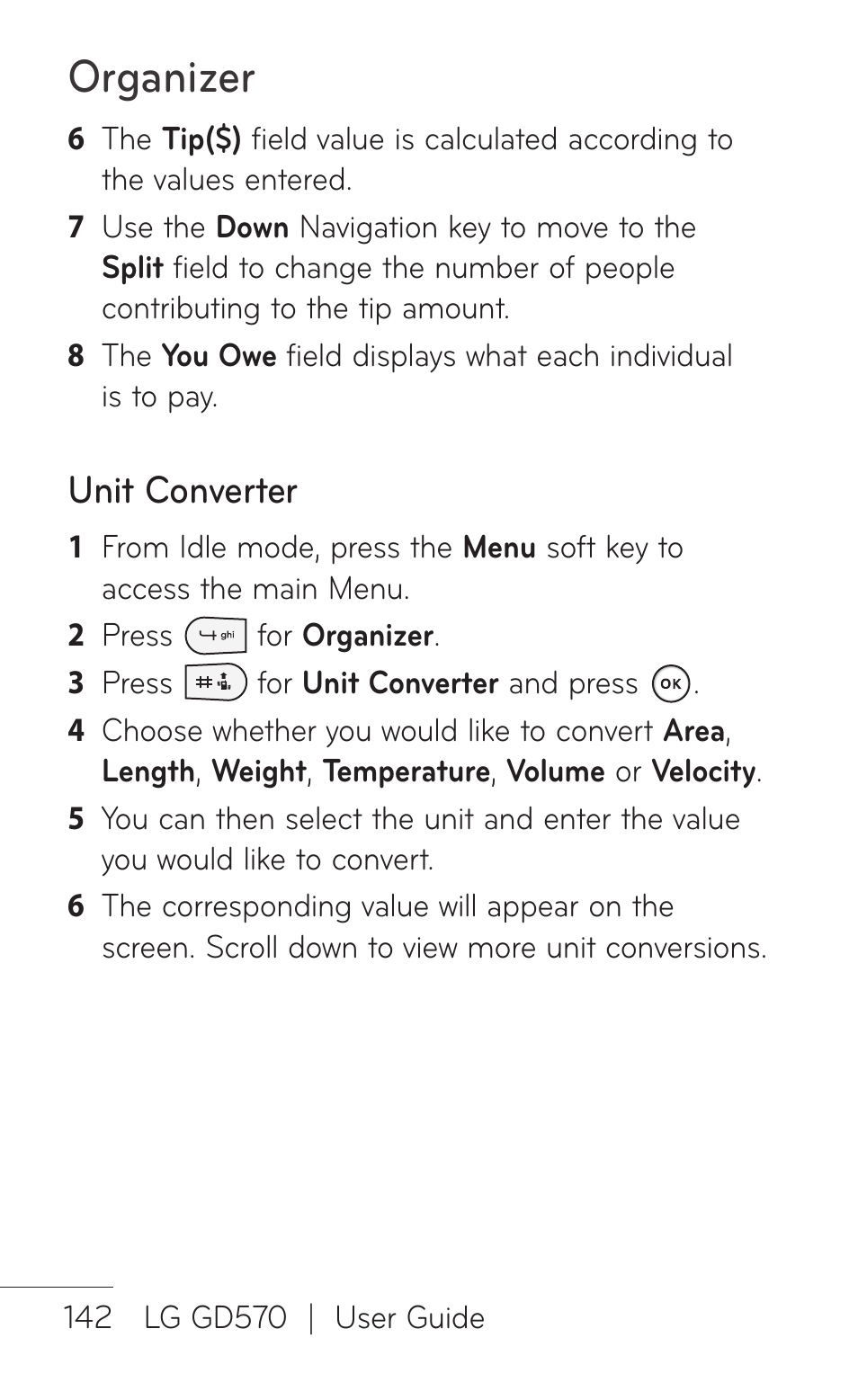 Organizer, Unit converter | LG GD570 User Manual | Page 144 / 174