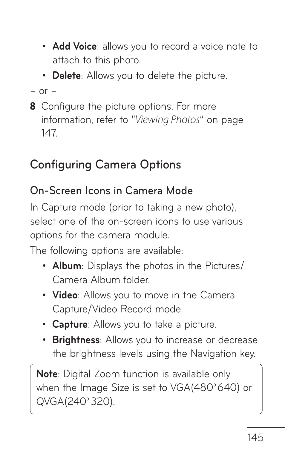 Configuring camera options | LG GD570 User Manual | Page 147 / 174
