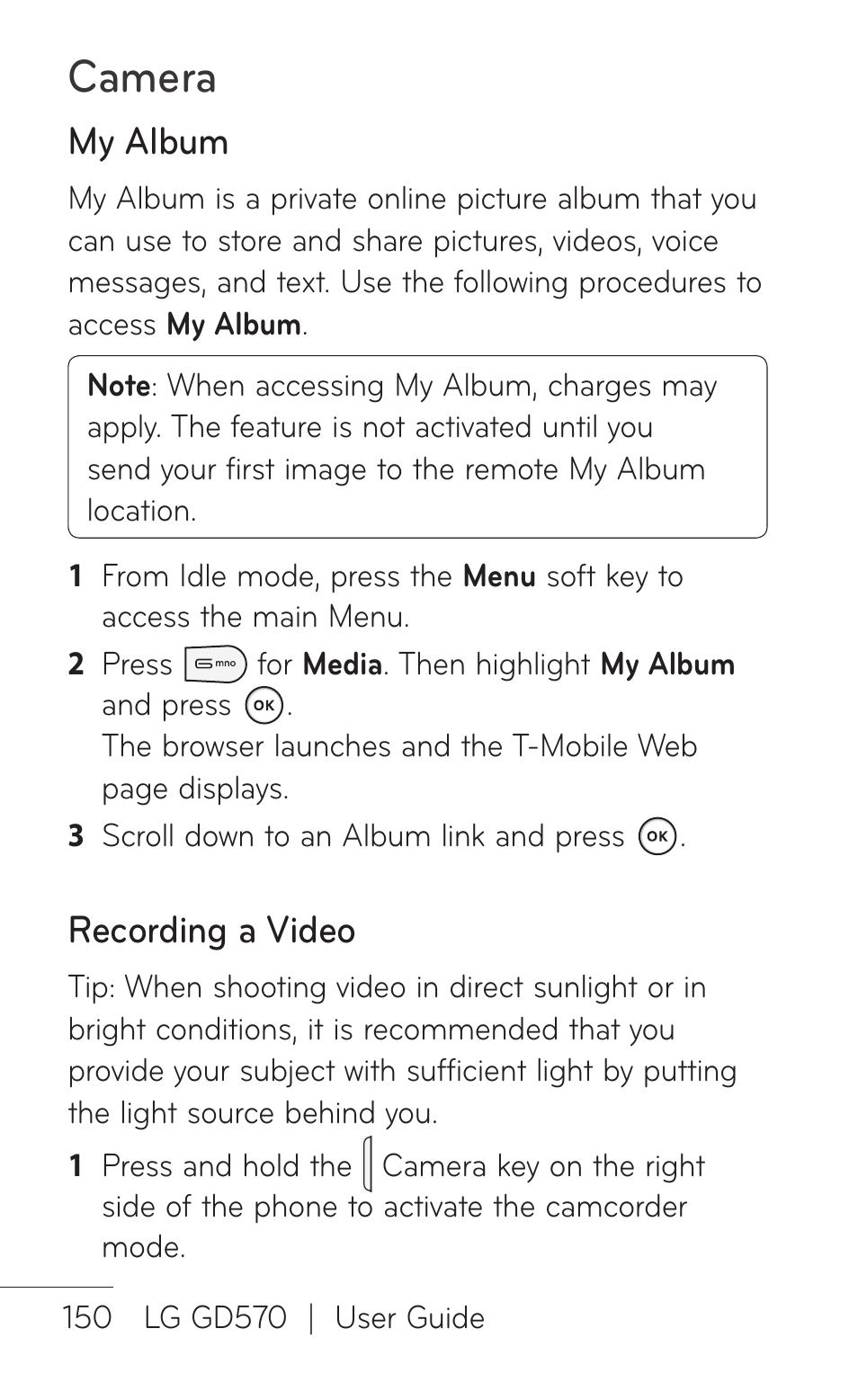 Camera, My album, Recording a video | LG GD570 User Manual | Page 152 / 174