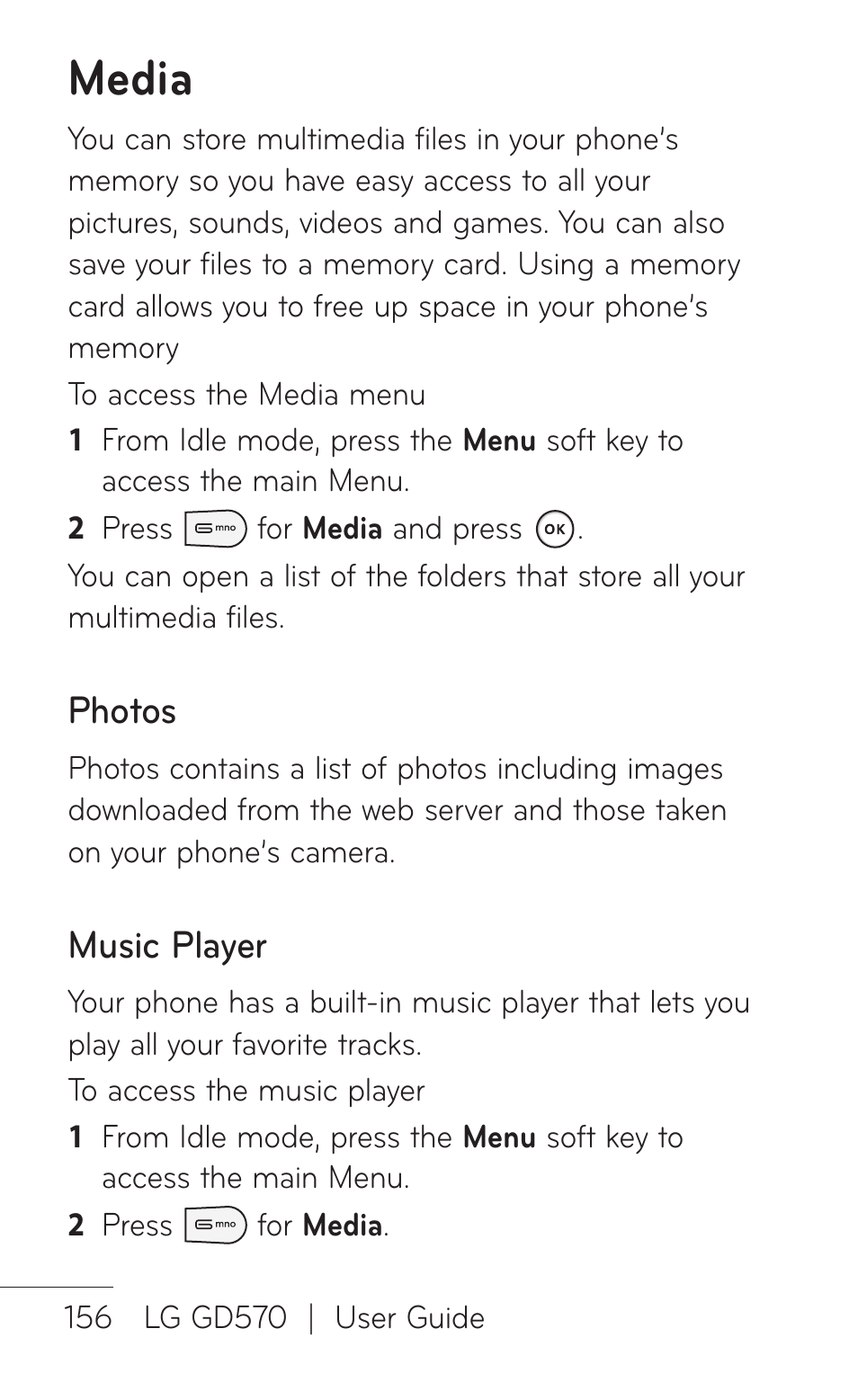 Media, Photos, Music player | LG GD570 User Manual | Page 158 / 174