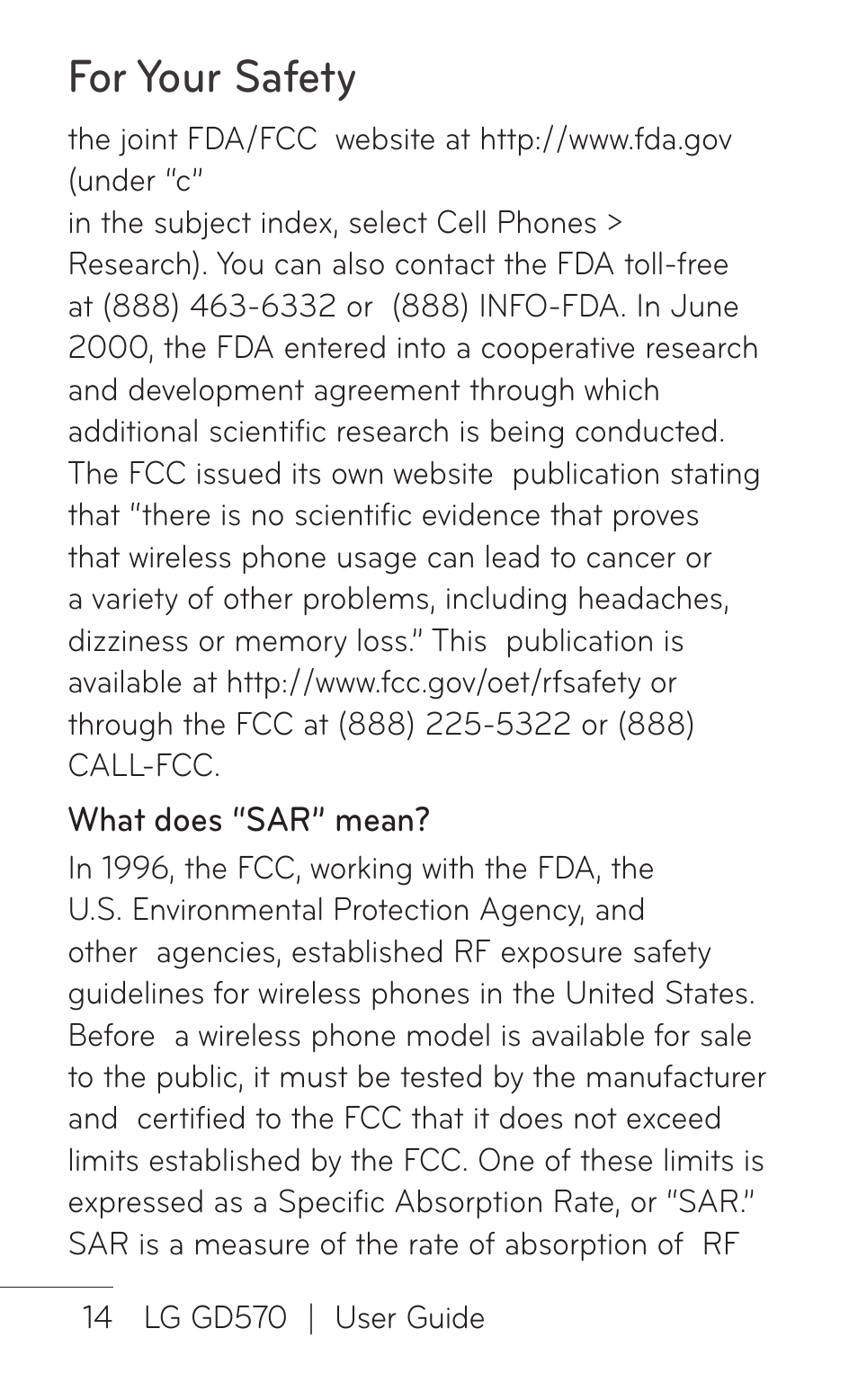 For your safety | LG GD570 User Manual | Page 16 / 174