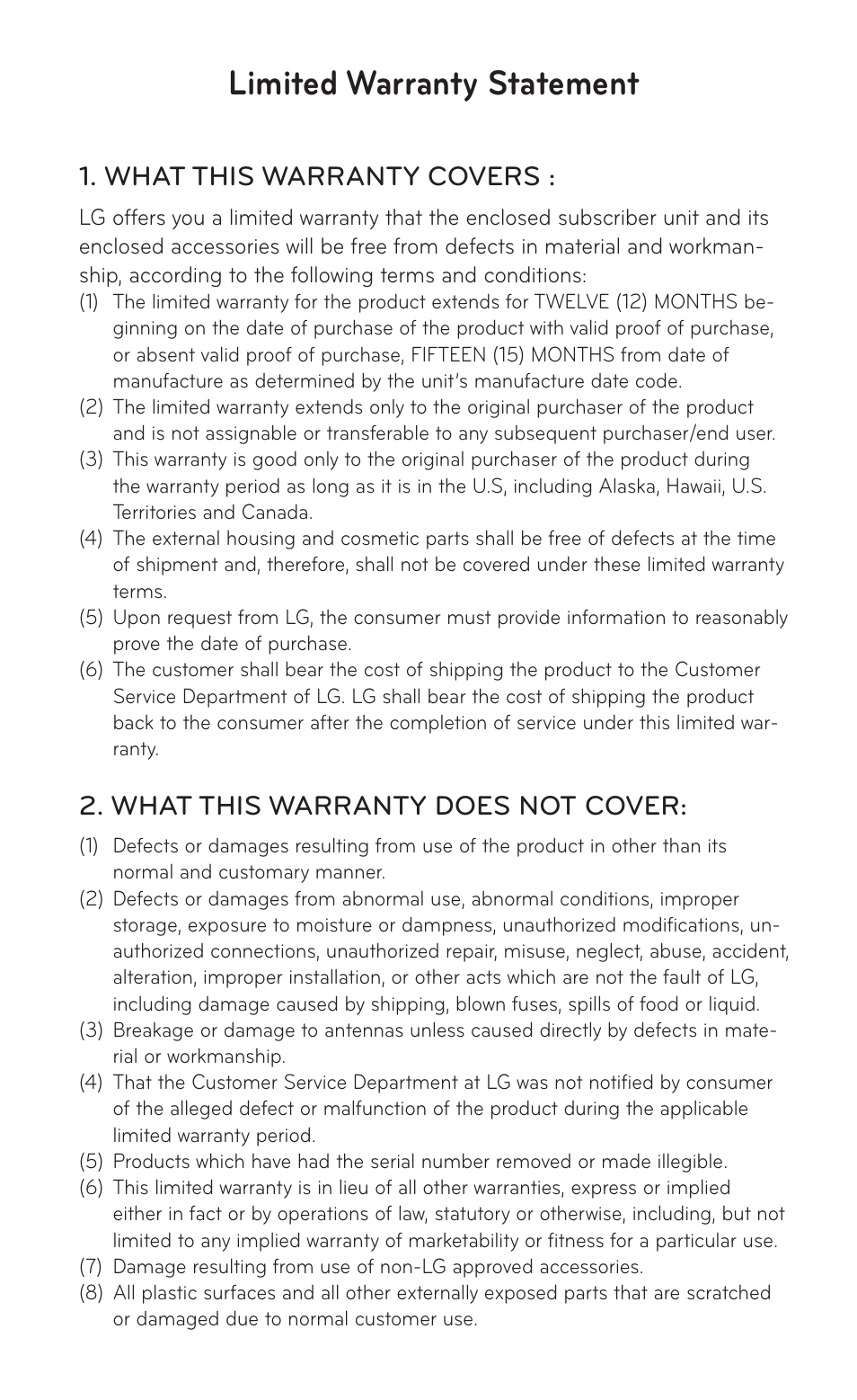 Limited warranty statement, What this warranty covers, What this warranty does not cover | LG GD570 User Manual | Page 173 / 174