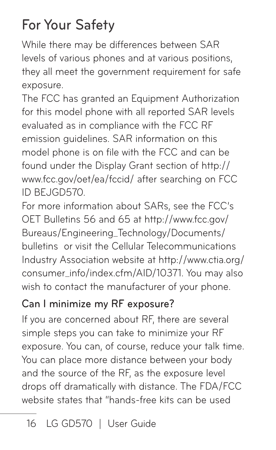 For your safety | LG GD570 User Manual | Page 18 / 174