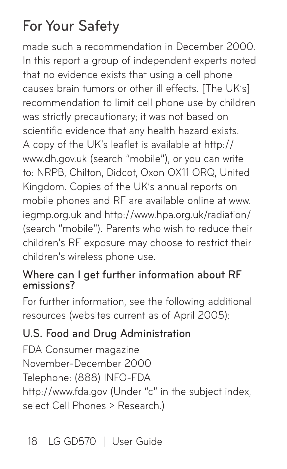 For your safety | LG GD570 User Manual | Page 20 / 174