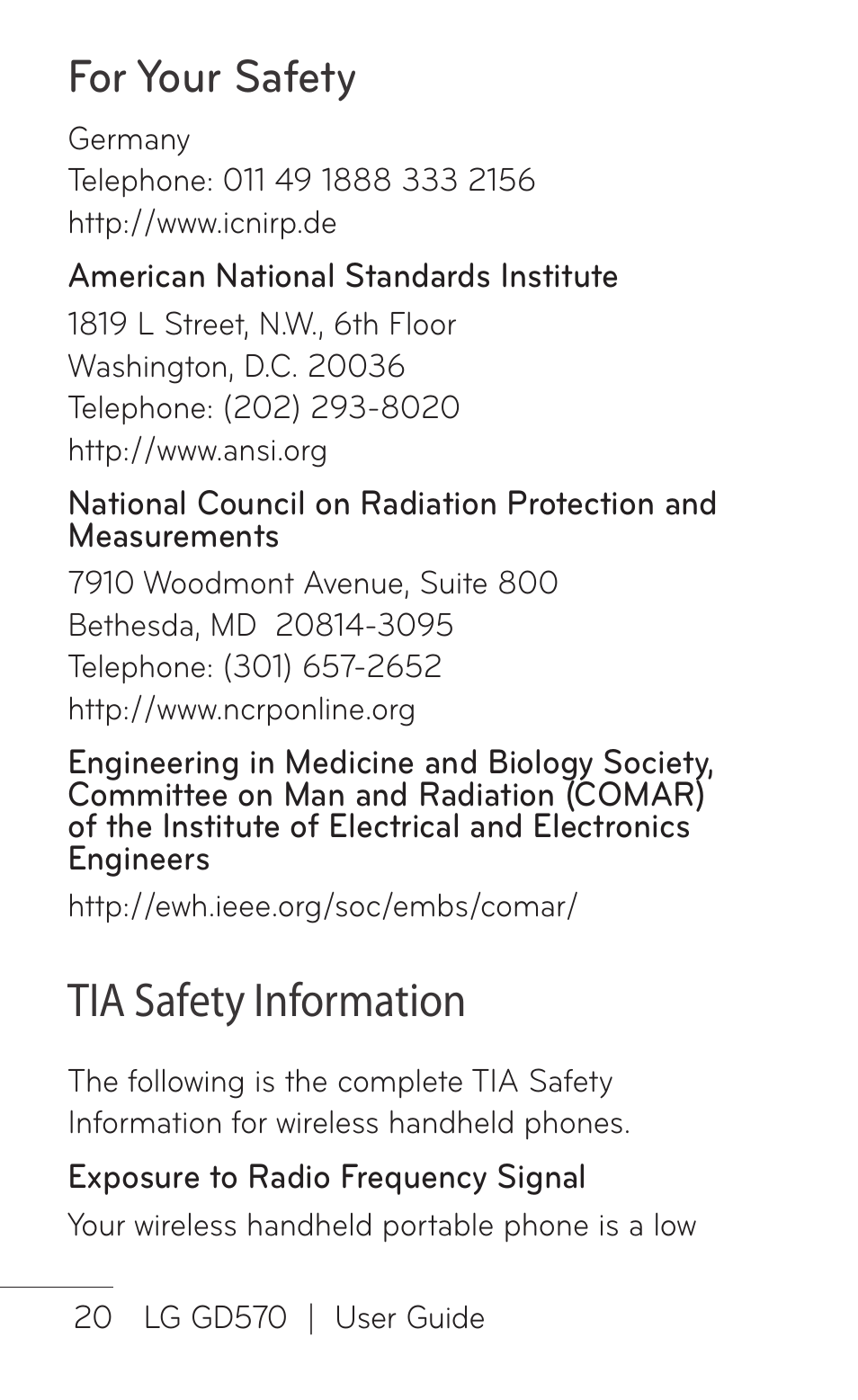 For your safety, Tia safety information | LG GD570 User Manual | Page 22 / 174