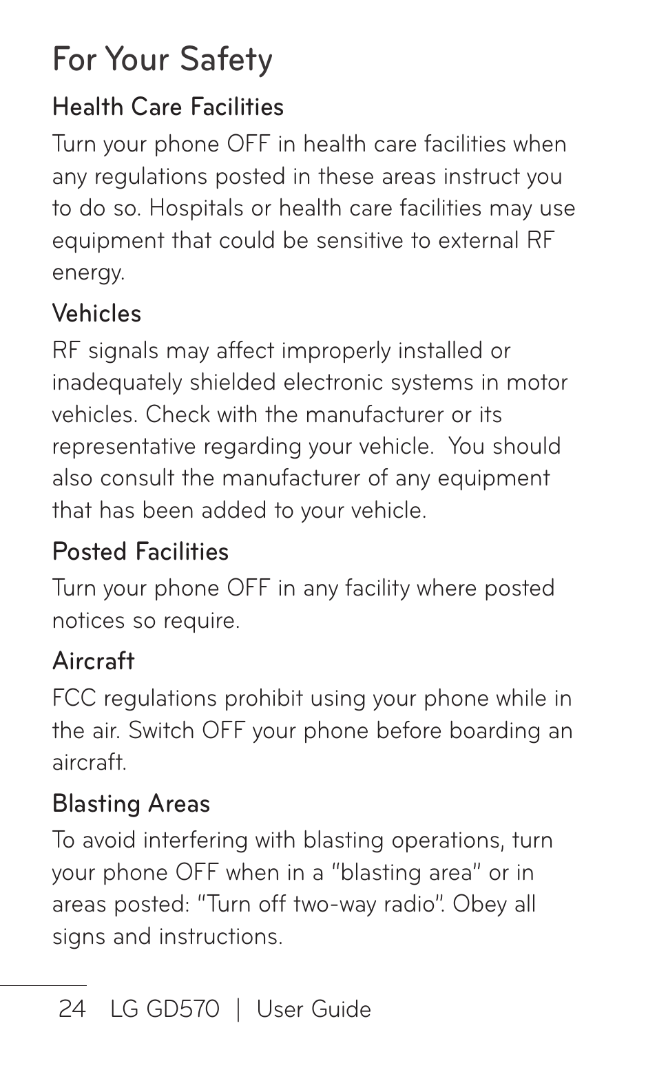 For your safety | LG GD570 User Manual | Page 26 / 174