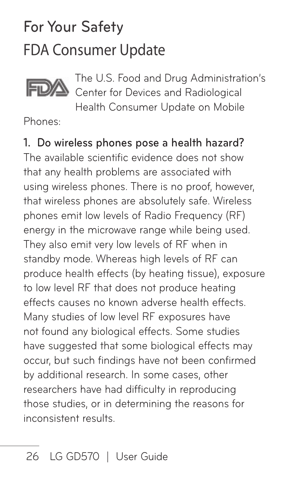 Fda consumer update, For your safety fda consumer update | LG GD570 User Manual | Page 28 / 174