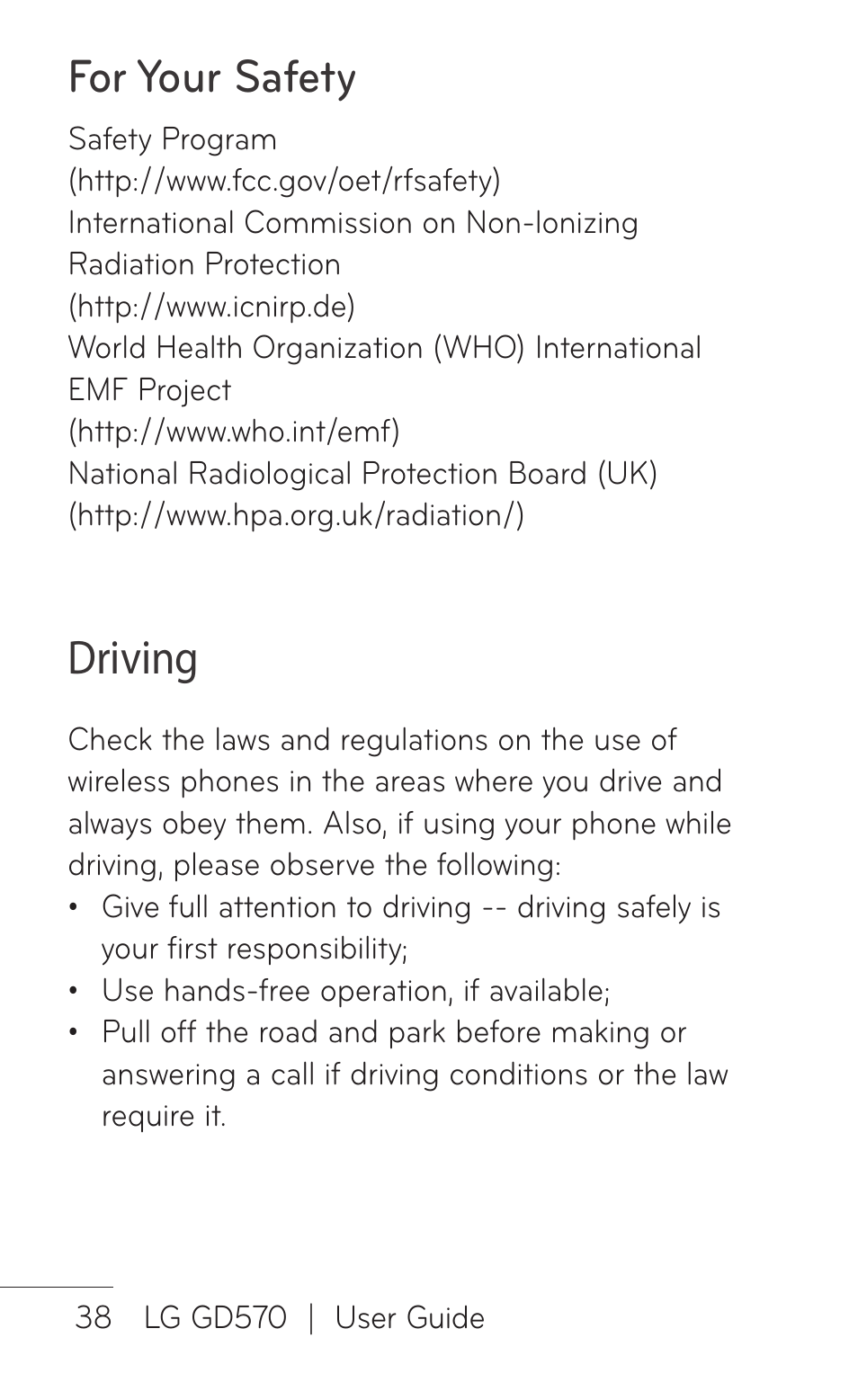 For your safety, Driving | LG GD570 User Manual | Page 40 / 174