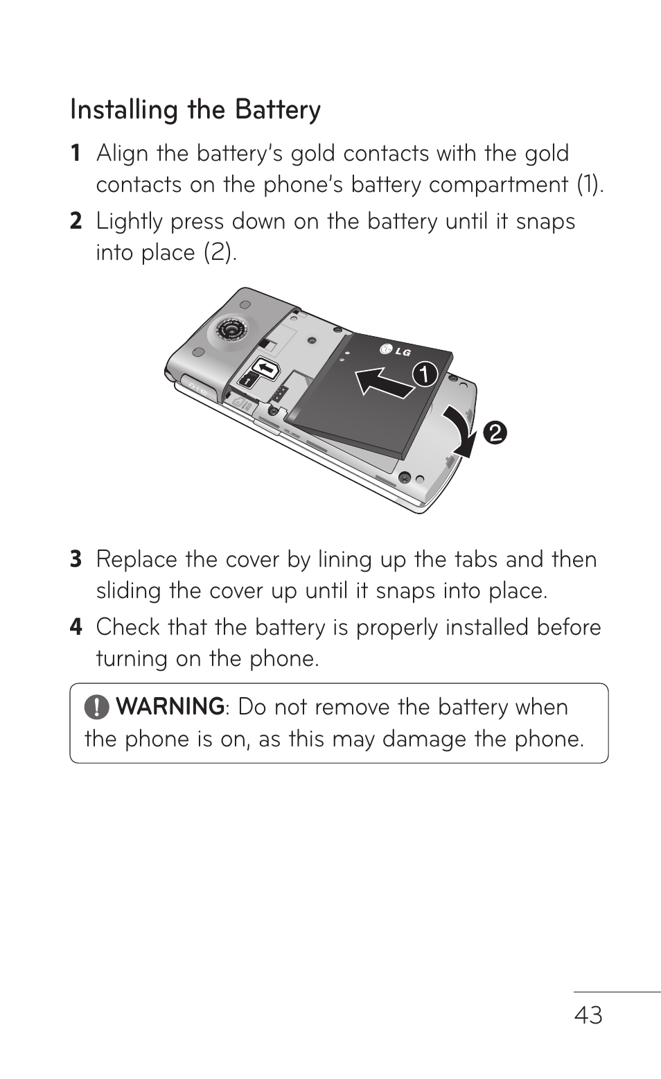 Installing the battery | LG GD570 User Manual | Page 45 / 174