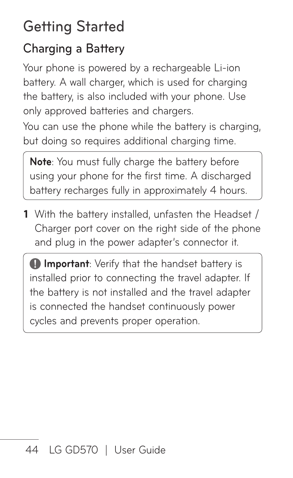 Getting started, Charging a battery | LG GD570 User Manual | Page 46 / 174
