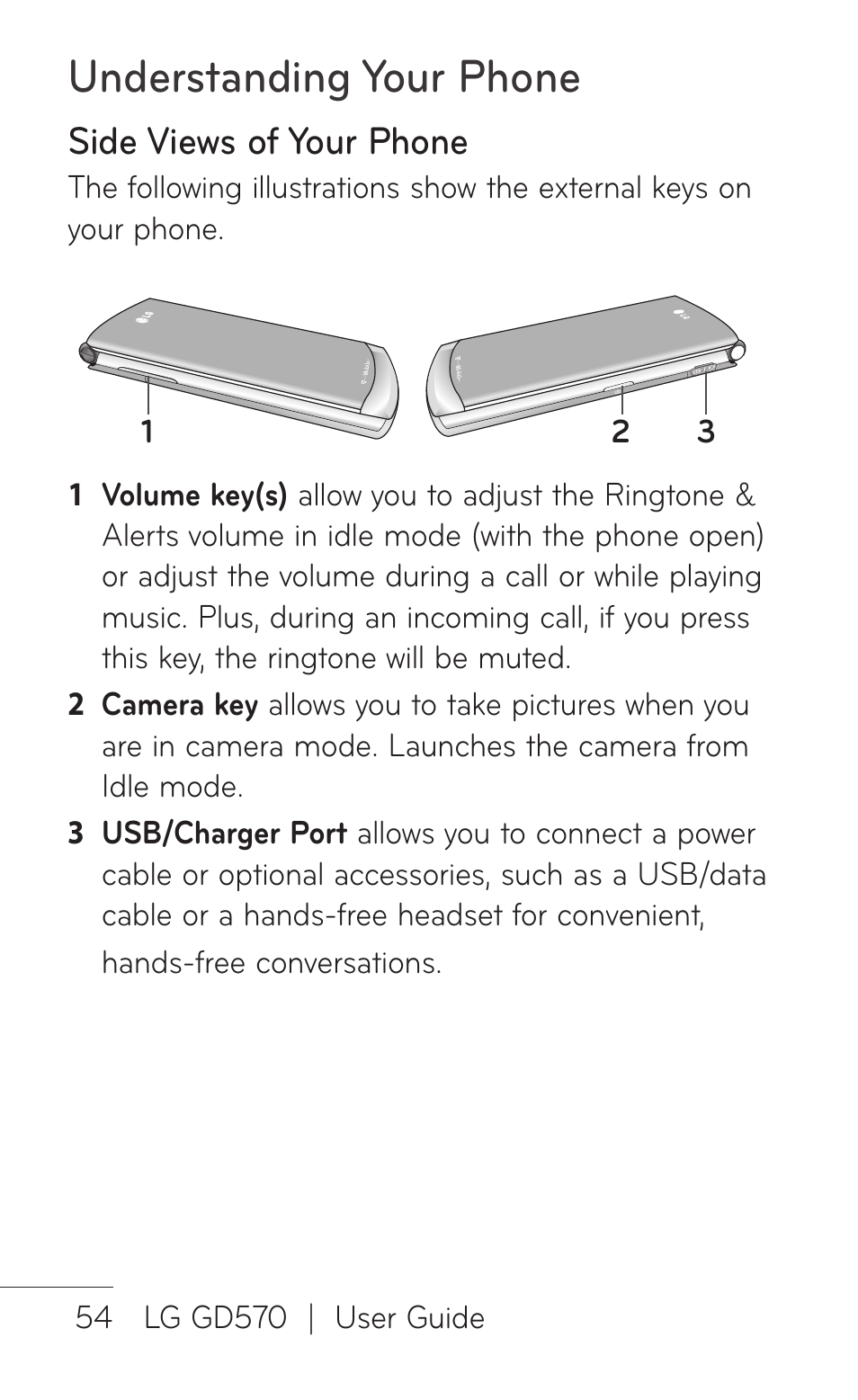 Understanding your phone, Side views of your phone | LG GD570 User Manual | Page 56 / 174