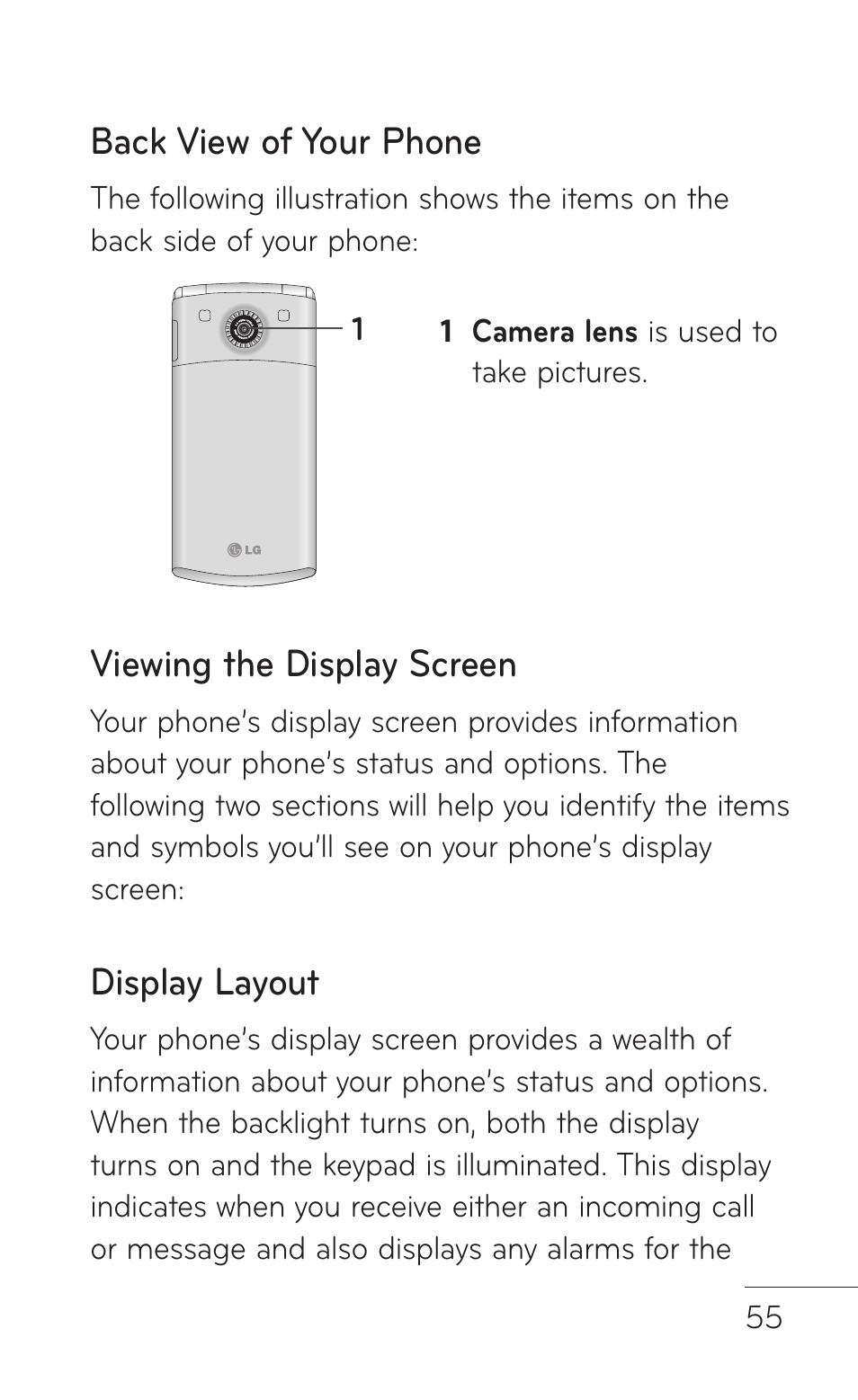 Back view of your phone, Viewing the display screen, Display layout | LG GD570 User Manual | Page 57 / 174