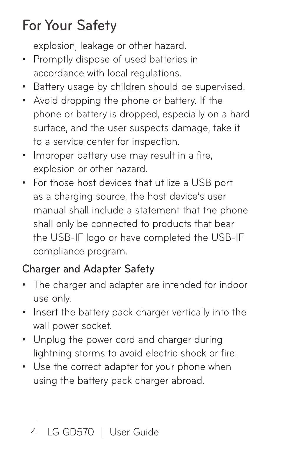 For your safety | LG GD570 User Manual | Page 6 / 174