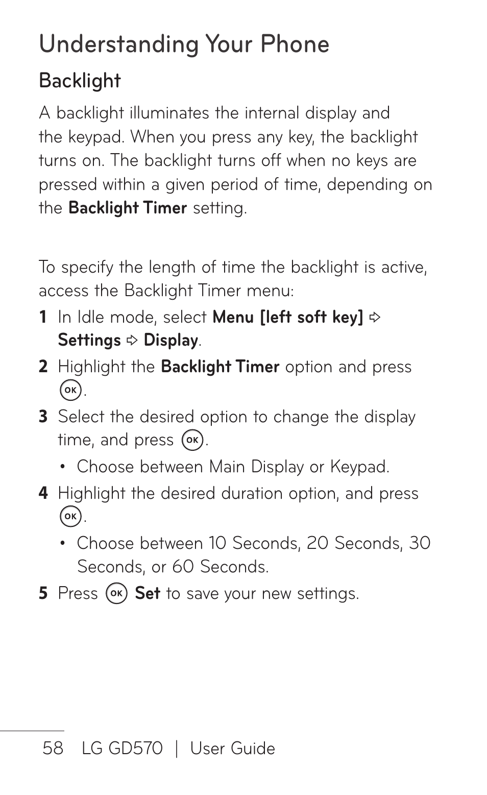 Understanding your phone, Backlight | LG GD570 User Manual | Page 60 / 174