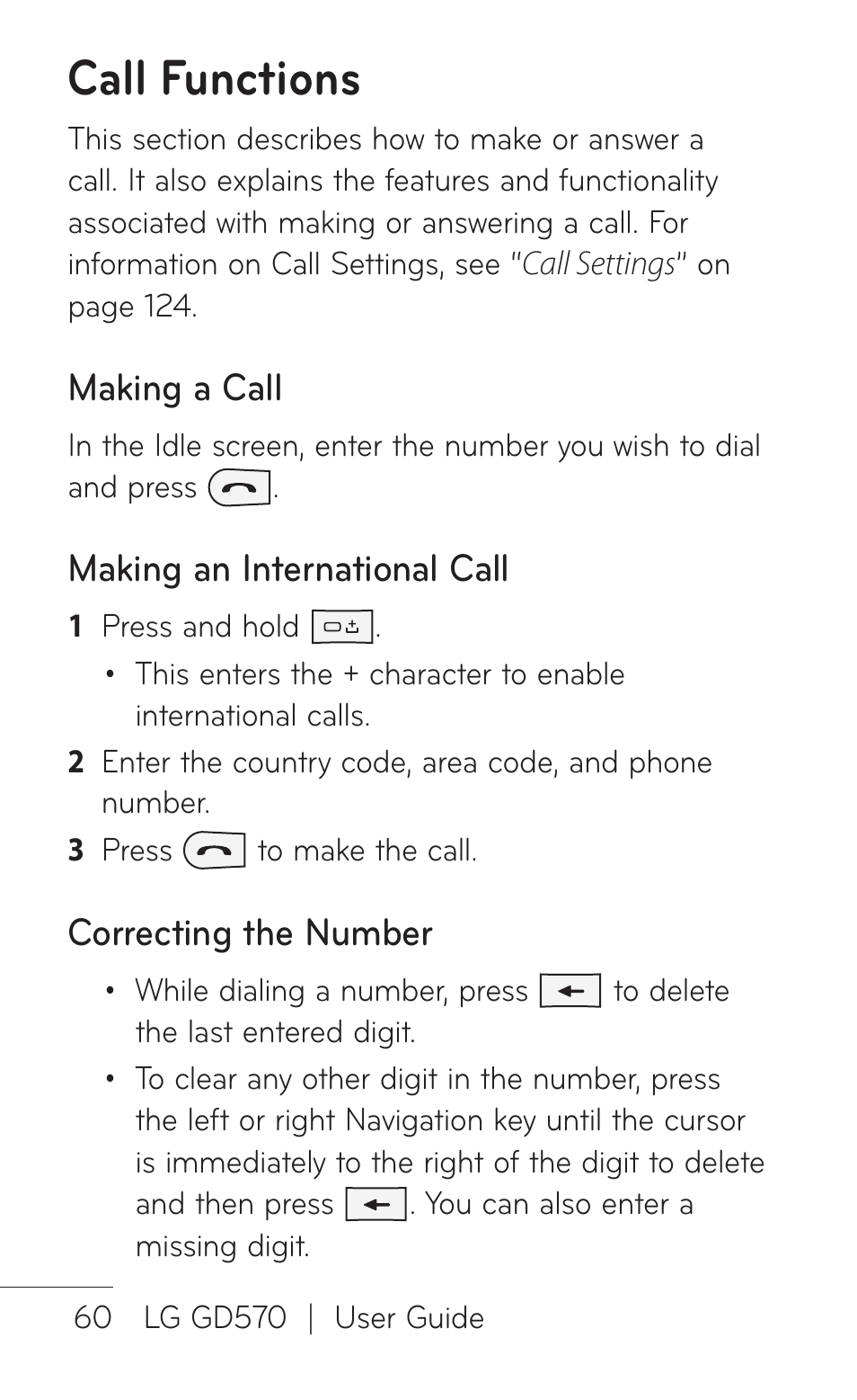 Call functions, Making a call, Making an international call | Correcting the number | LG GD570 User Manual | Page 62 / 174