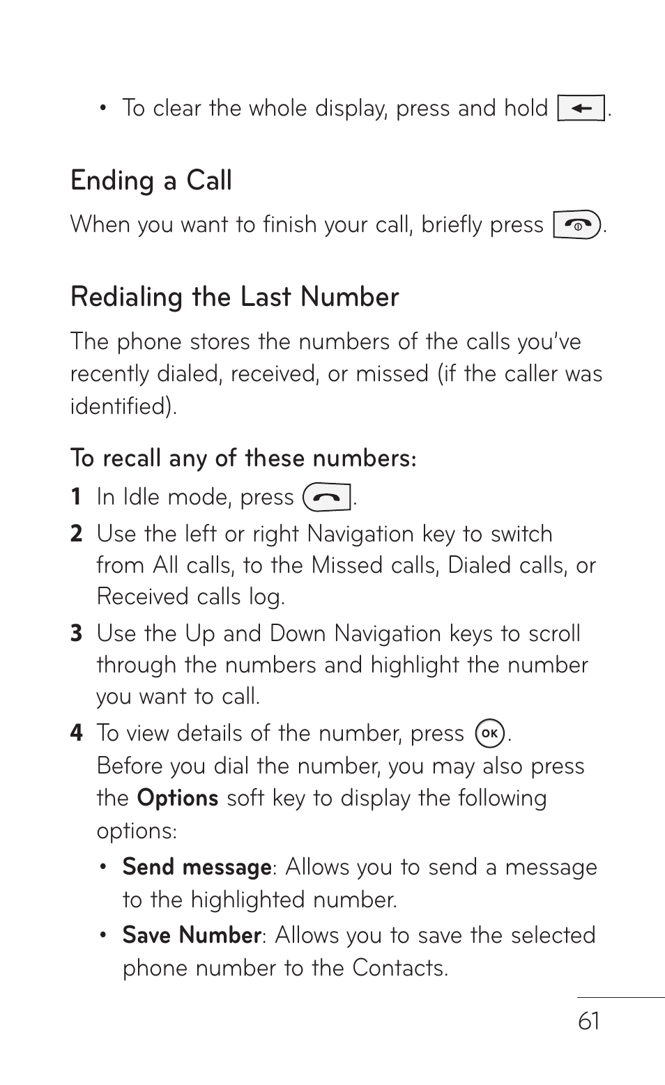 Ending a call, Redialing the last number | LG GD570 User Manual | Page 63 / 174