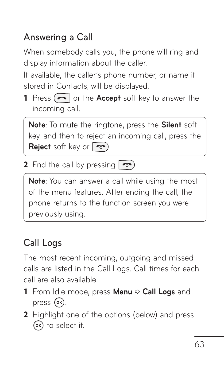 Answering a call, Call logs | LG GD570 User Manual | Page 65 / 174