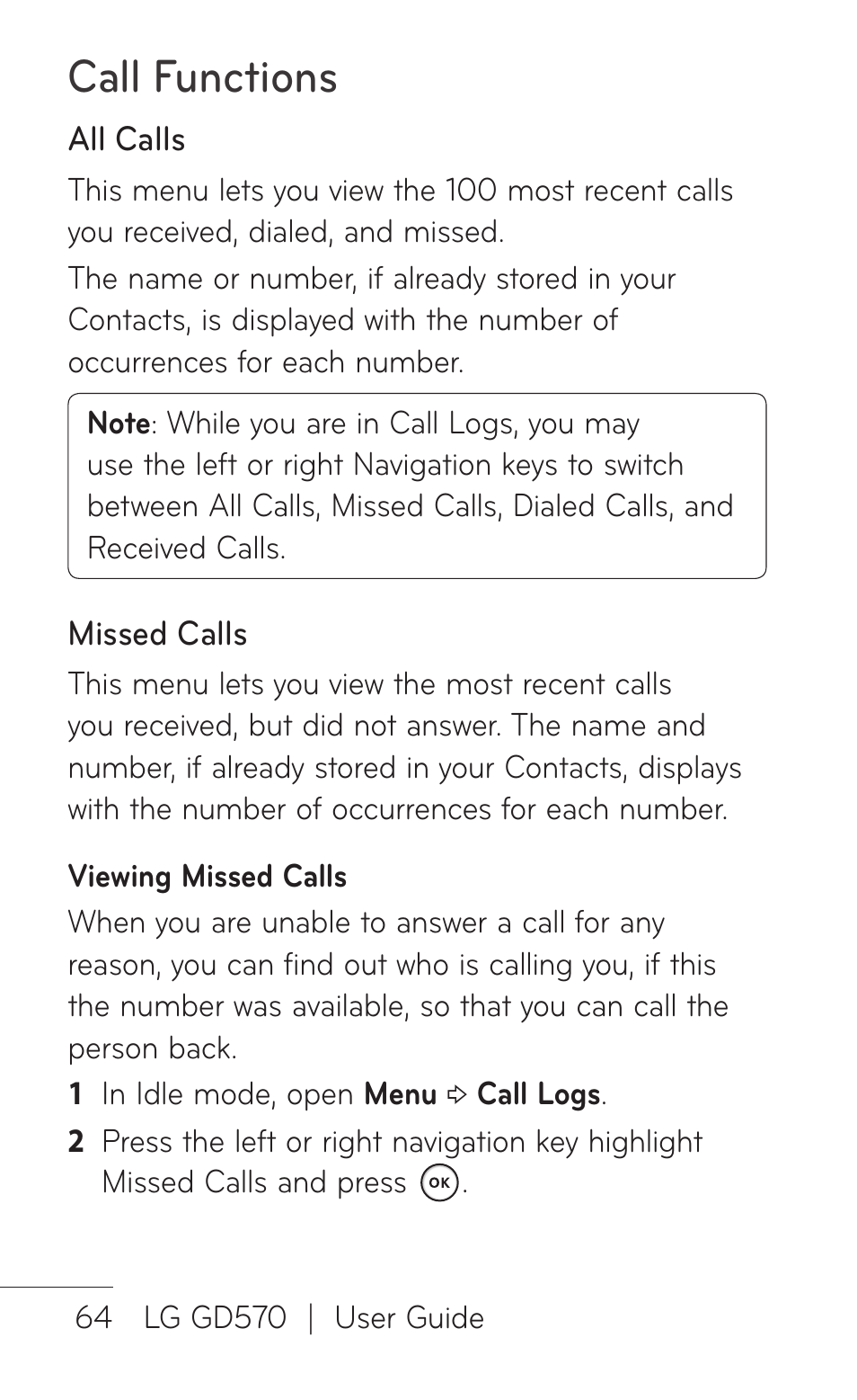 Call functions | LG GD570 User Manual | Page 66 / 174